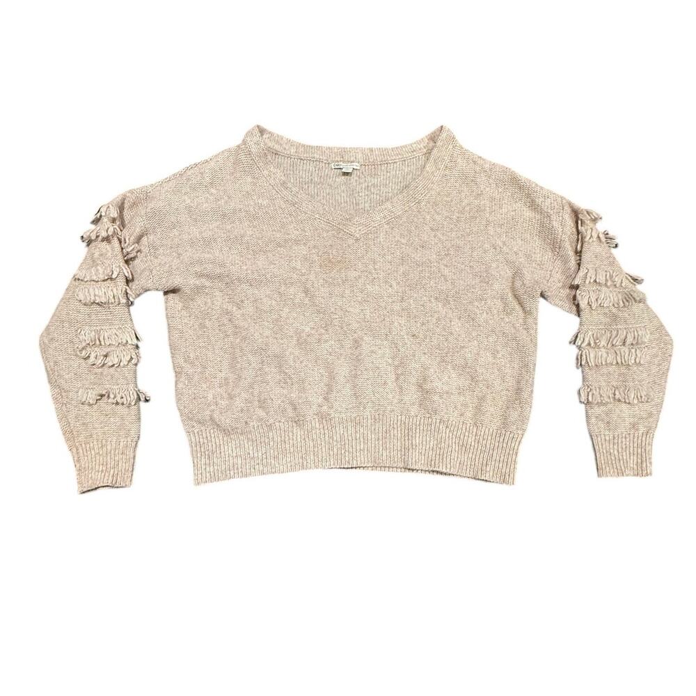 Cato Women's Beige V-Neck Fringe Long Sleeve Knit Pullover Sweater Size XL